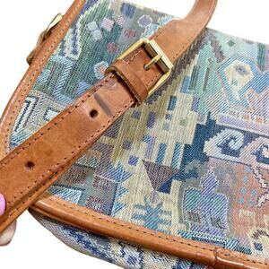 Italian Tapestry Purse 1980s Multicolor & Tan Leather Shoulder Bag Unique Retro